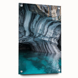 Acrylic glass artwork showcasing a vibrant landscape with caves, viewed from the side and accented with decorative pins, perfect for modern home decor.