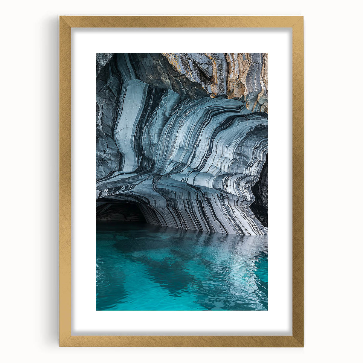 Elegant gold-framed landscape artwork depicting a serene cave scene, featuring rich colors and a textured mat, ideal for home decor and art enthusiasts.