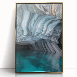 Framed acrylic artwork depicting a vibrant cave landscape with golden accents, showcasing intricate details and rich colors, perfect for enhancing any interior space.