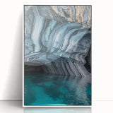 Framed acrylic landscape artwork depicting a serene cave scene, featuring vibrant colors and intricate details, ideal for home or office decor.