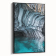 Framed canvas artwork depicting a serene landscape with caves, featuring a black side view, ideal for home decor. Perfect for enhancing interior aesthetics.