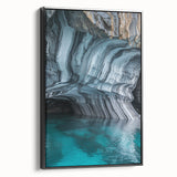 Framed canvas artwork depicting a serene landscape with caves, featuring a black side view, ideal for home decor. Perfect for enhancing interior aesthetics.