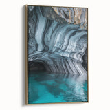 Framed canvas artwork showcasing a stunning cave landscape design with golden accents, offering a side view that highlights its elegant framing and rich colors. Perfect for enhancing modern home decor with a touch of nature-inspired beauty.