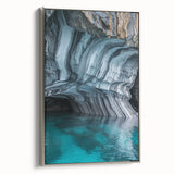 Framed canvas artwork showcasing a stunning landscape of caves with a silver frame, perfect for home decor and enhancing interior aesthetics.