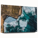 Acrylic landscape artwork depicting dramatic cliffs with a vibrant color palette, showcased in a sleek glass frame and secured with decorative pins.