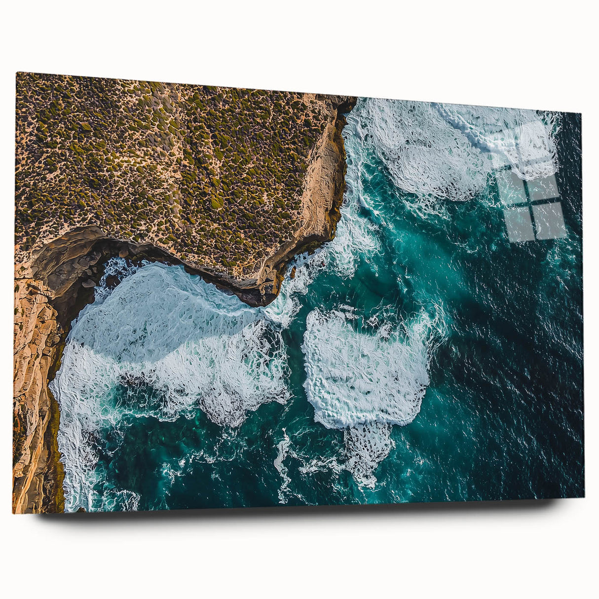Acrylic glass artwork showcasing a stunning landscape of majestic cliffs, viewed from the side, highlighting vibrant colors and intricate details, perfect for home decor.