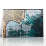 Framed acrylic artwork showcasing a stunning cliff landscape with vibrant colors and intricate details, set against a sleek white frame, ideal for modern decor.