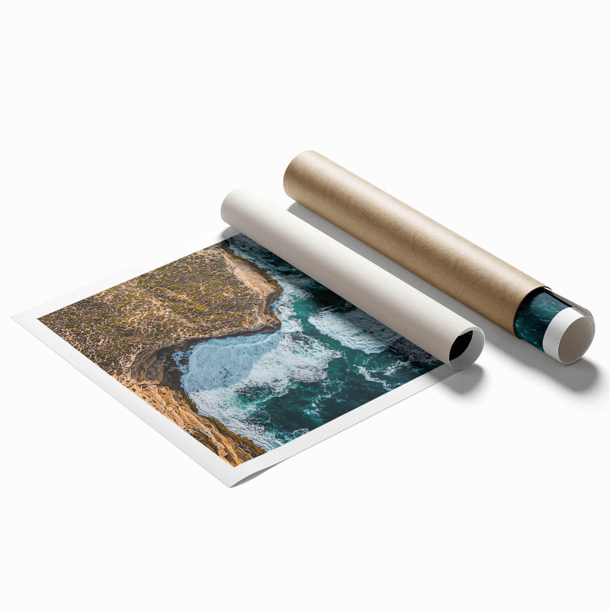 Stunning rolled print of a dramatic cliff landscape, showcasing rich colors and intricate details, elegantly packaged in a protective cardboard tube for easy display.