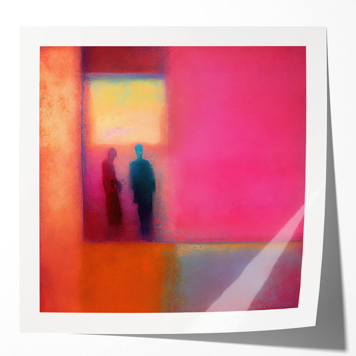 Abstract figurative wall art print featuring vibrant colors and fluid shapes, presented in a glossy finish, ideal for modern home decor and artistic interiors.