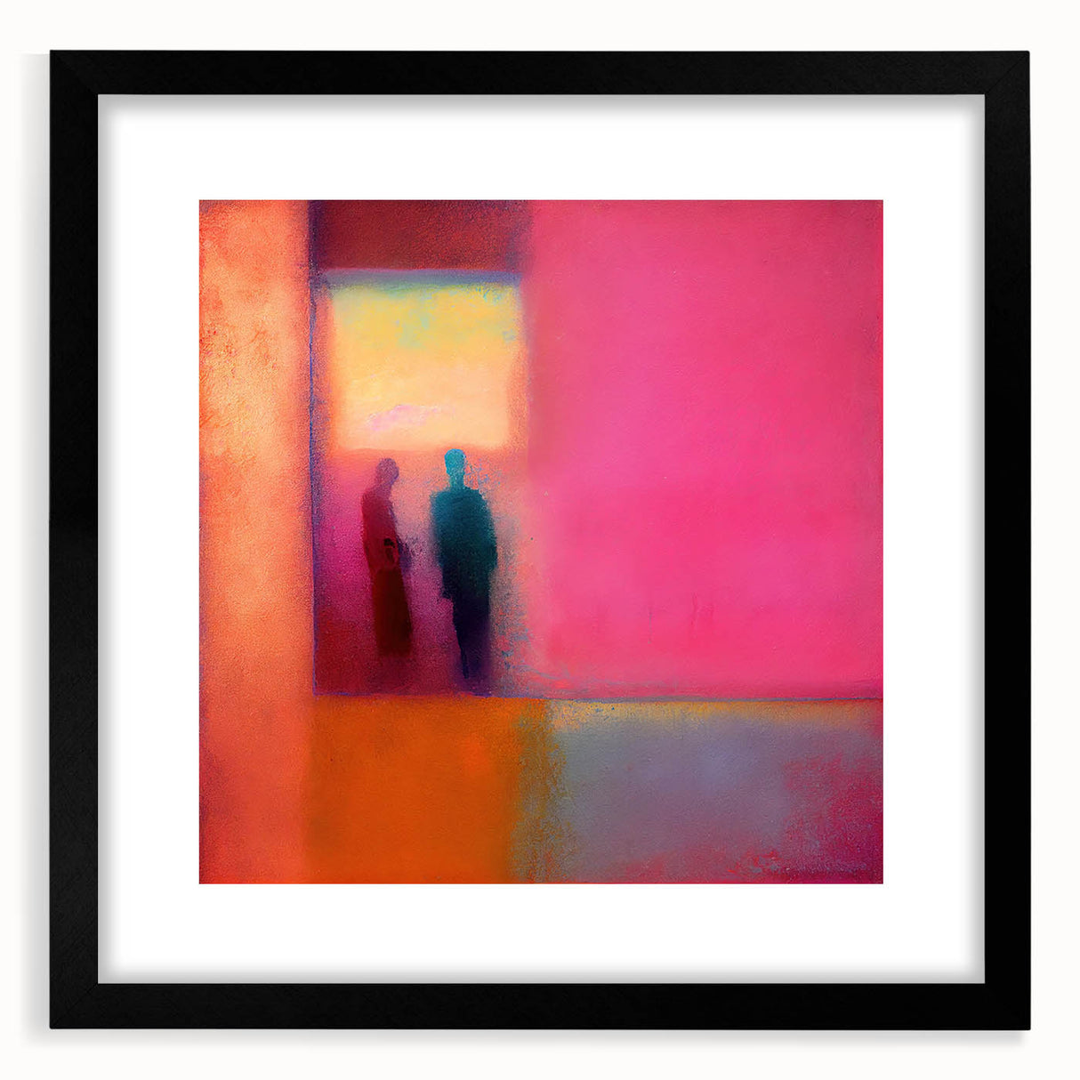 Abstract figurative wall art framed with a black mat, showcasing vibrant colors and dynamic shapes, perfect for modern home decor and art enthusiasts.