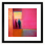 Abstract figurative wall art framed with a black mat, showcasing vibrant colors and dynamic shapes, perfect for modern home decor and art enthusiasts.