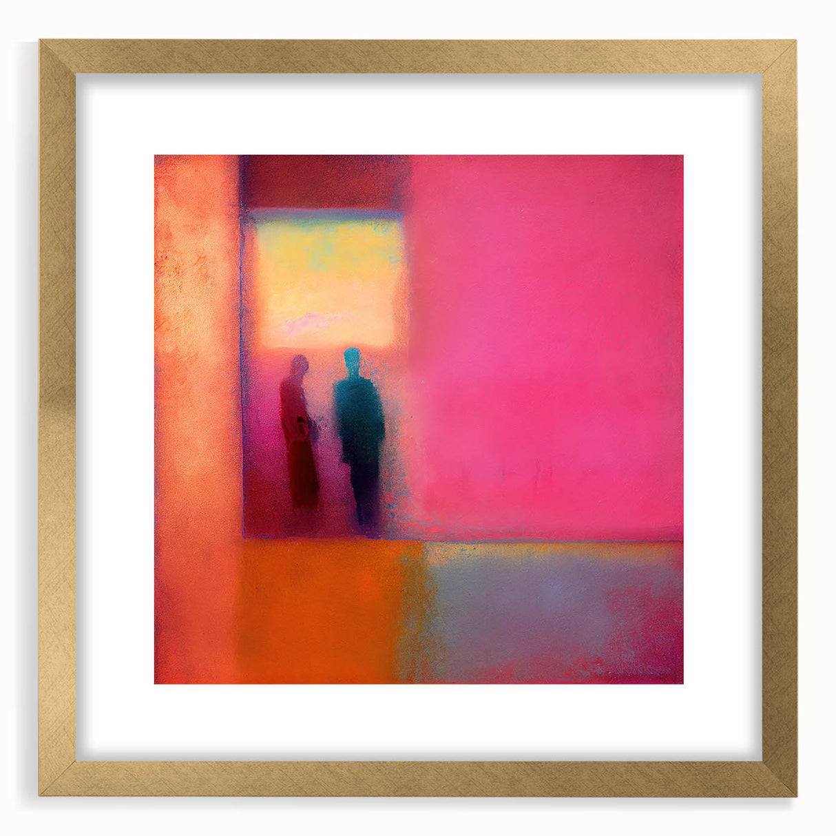 Abstract figurative wall art framed in gold, featuring vibrant colors and dynamic shapes, ideal for modern home decor. Adds a contemporary touch to any living space.