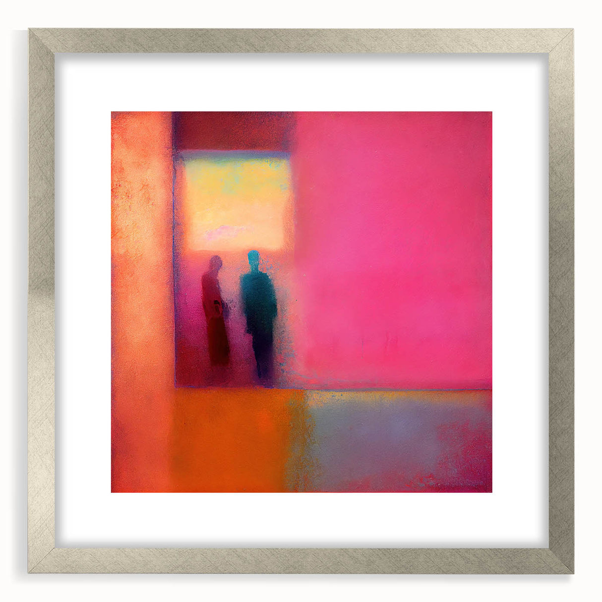 Abstract figurative wall art design in a sleek silver frame with a mat, showcasing vibrant colors and dynamic shapes, perfect for modern home decor.