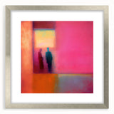 Abstract figurative wall art design in a sleek silver frame with a mat, showcasing vibrant colors and dynamic shapes, perfect for modern home decor.