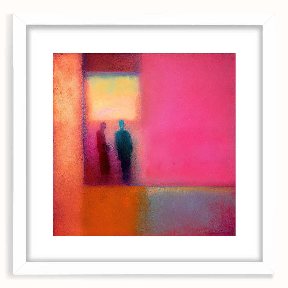 Abstract figurative wall art framed in white with a mat, showcasing vibrant colors and dynamic shapes, perfect for modern home decor and art enthusiasts.