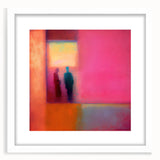 Abstract figurative wall art framed in white with a mat, showcasing vibrant colors and dynamic shapes, perfect for modern home decor and art enthusiasts.
