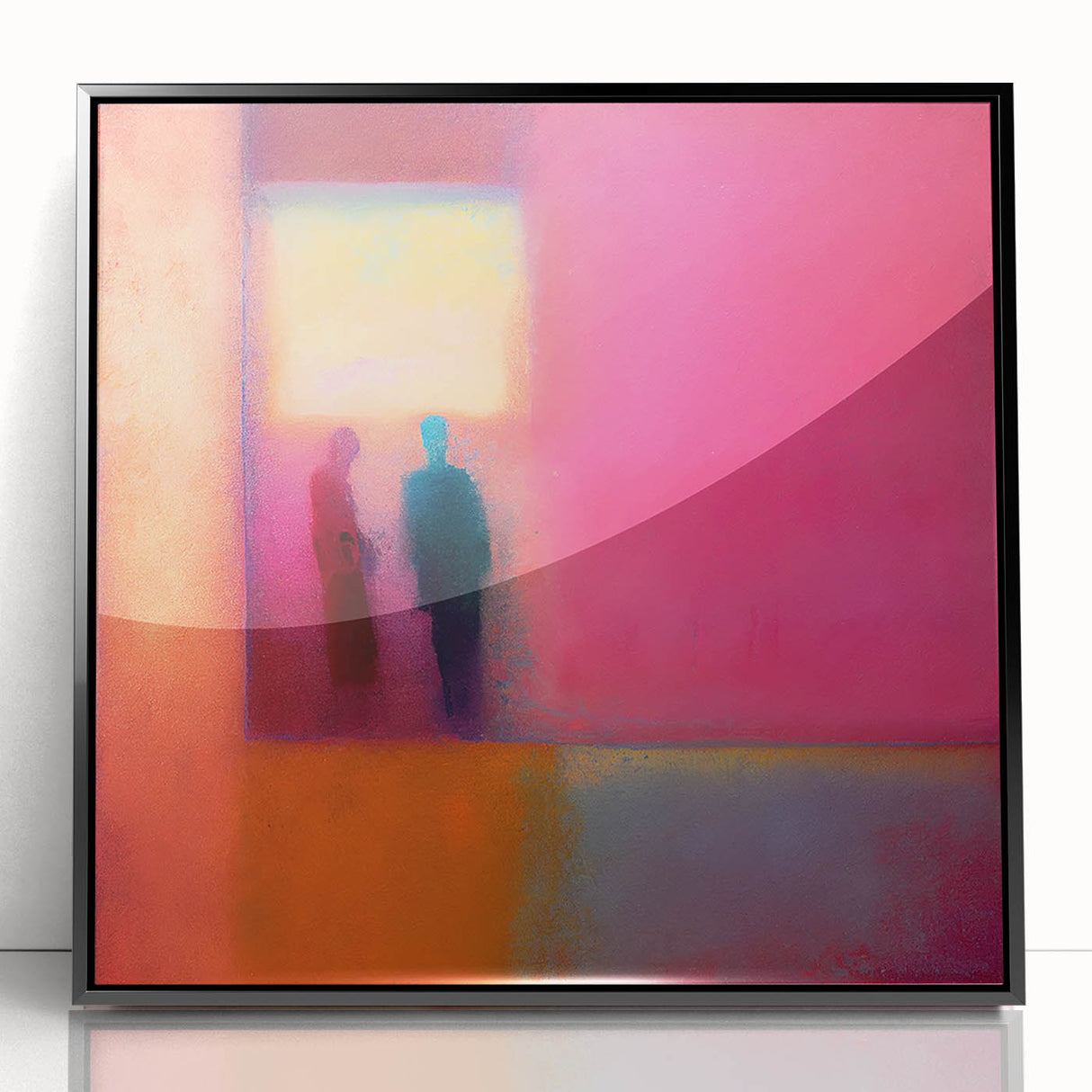 Framed abstract figurative wall art in a sleek black acrylic frame, showcasing vibrant colors and dynamic shapes, perfect for modern home decor.
