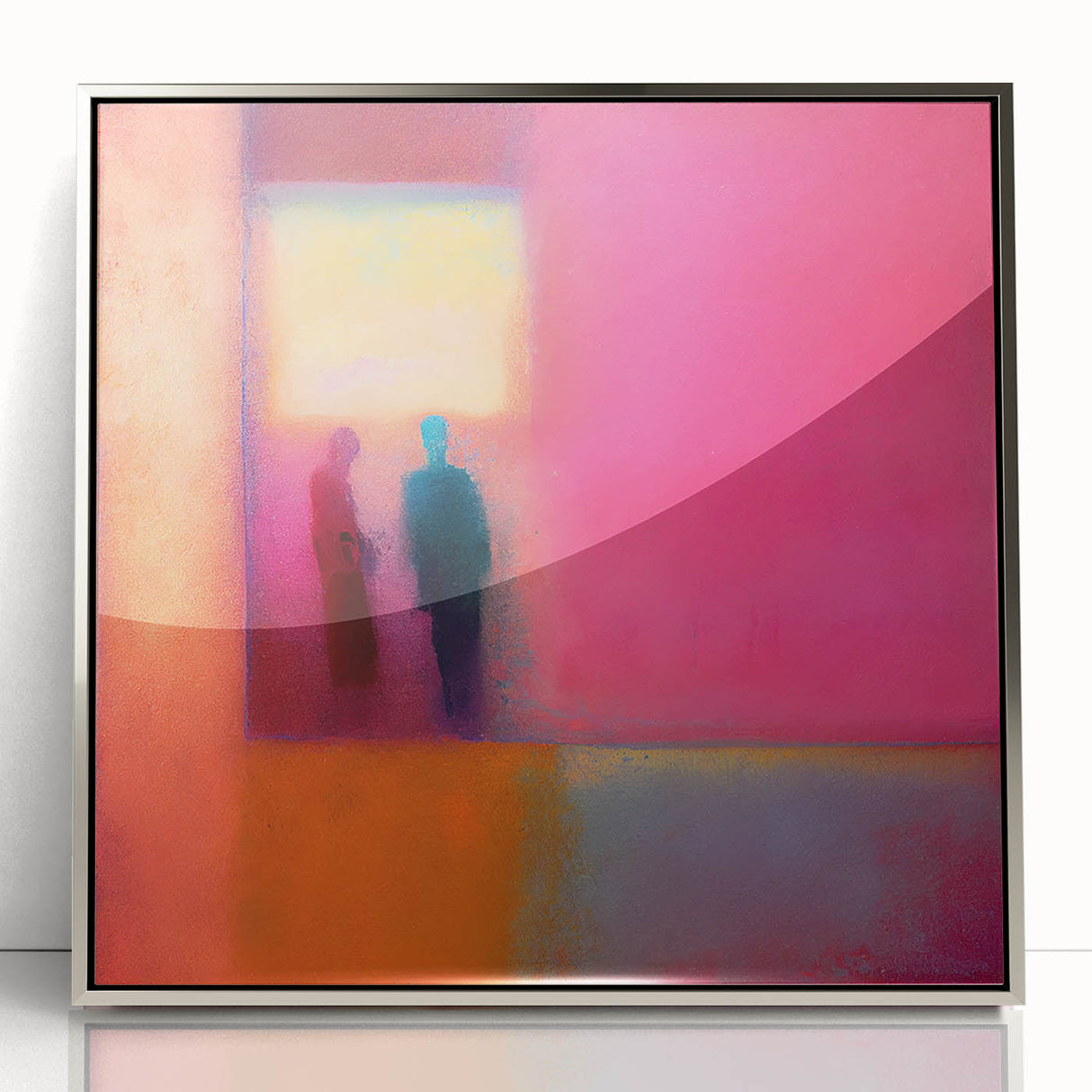 Abstract figurative wall art in a sleek silver frame, showcasing vibrant colors and fluid shapes, perfect for modern home decor and artistic expression.