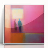 Abstract figurative wall art in a sleek white frame, showcasing vibrant colors and dynamic shapes, perfect for modern home decor or office spaces.