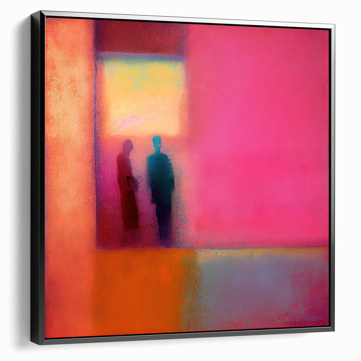 Framed abstract figurative wall art in black, showcasing a modern design with bold lines and shapes, perfect for contemporary decor in living spaces.