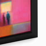 Close-up of a framed abstract figurative wall art canvas featuring vibrant colors and dynamic shapes, showcasing contemporary design for modern home decor.