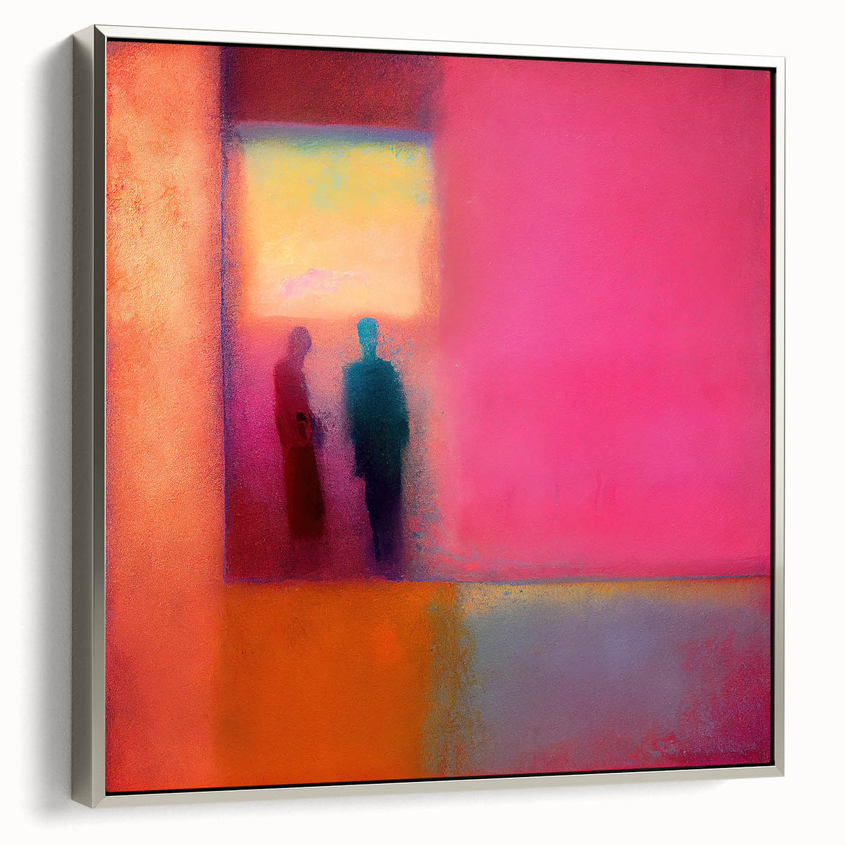 Abstract figurative wall art in a sleek silver frame, showcasing vibrant colors and dynamic shapes, adding modern elegance to any decor. Perfect for contemporary interiors.