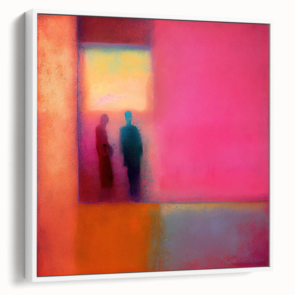 Framed abstract figurative wall art in a minimalist white frame, showcasing vibrant colors and dynamic shapes, perfect for modern home decor or office spaces.