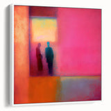 Framed abstract figurative wall art in a minimalist white frame, showcasing vibrant colors and dynamic shapes, perfect for modern home decor or office spaces.