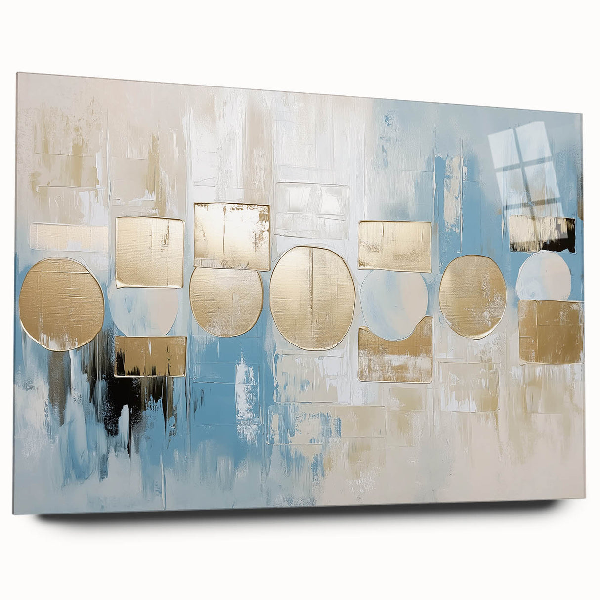 Abstract geometric acrylic glass artwork showcasing vibrant colors and intricate patterns, viewed from the side without pins, ideal for modern home decor.