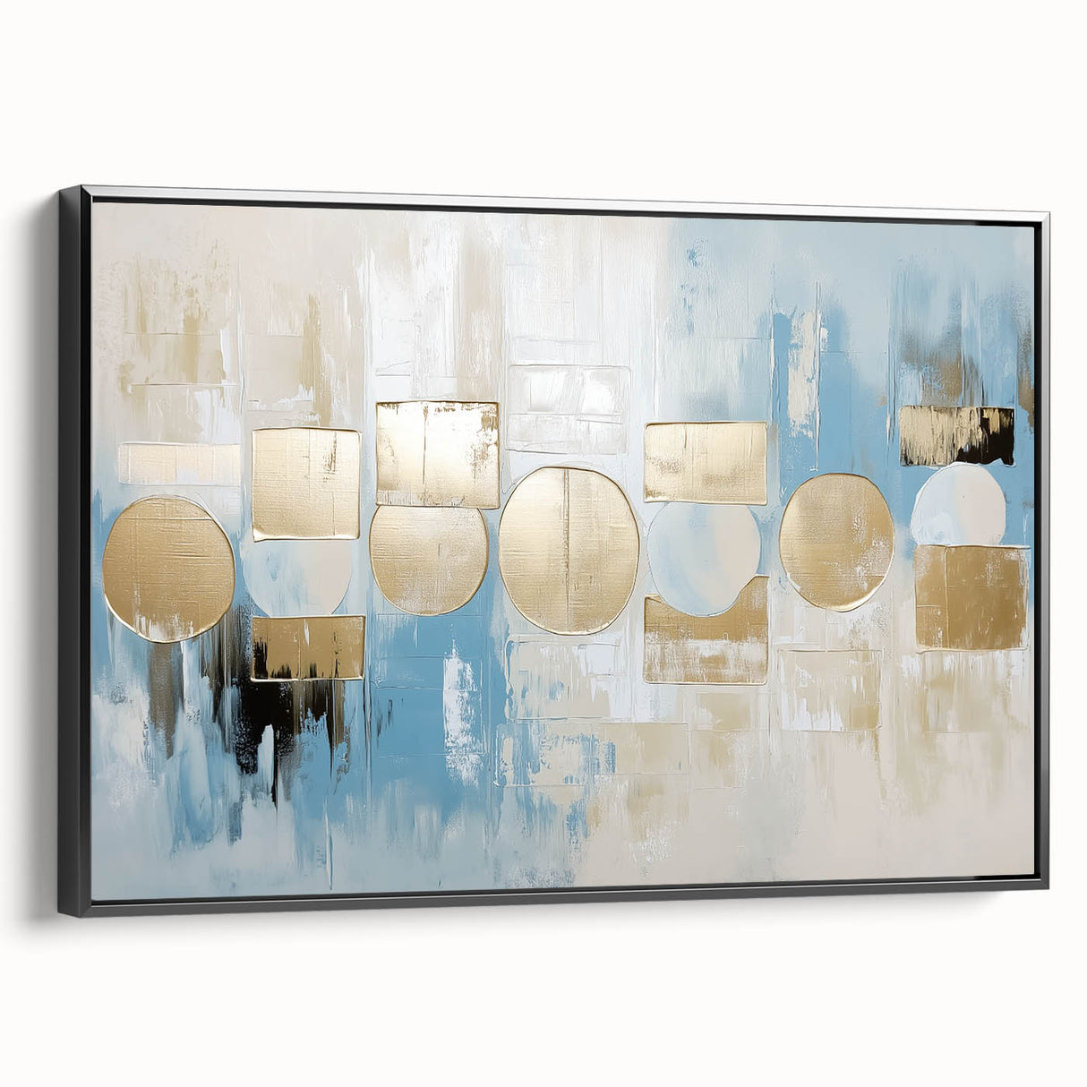 Abstract geometric framed canvas artwork showcasing bold black shapes and lines, ideal for modern home decor. Perfect for adding sophistication to any space.