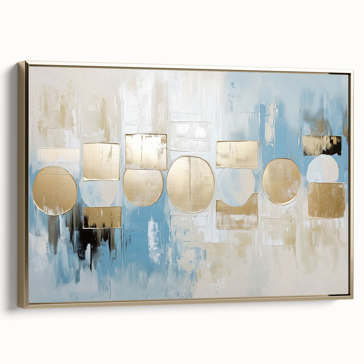 Abstract geometric framed canvas art in gold, showcasing intricate patterns and vibrant colors, ideal for modern home decor. Perfect for adding elegance and sophistication to any room or creative space.