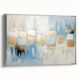 Abstract geometric framed canvas artwork showcasing a sleek silver frame, highlighting bold shapes and lines that enhance modern decor in contemporary settings.