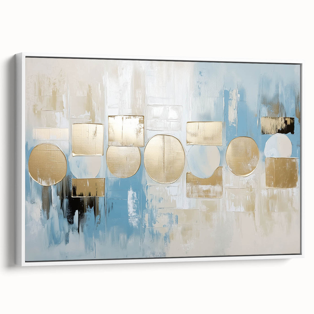 Framed abstract geometric canvas art in a sleek white frame, showcasing bold shapes and colors, perfect for modern home decor and wall enhancement. Ideal for art enthusiasts seeking contemporary design elements.