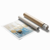 Abstract geometric rolled print showcasing vibrant colors and intricate patterns, elegantly packaged in a protective cardboard tube for art enthusiasts and decorators. Perfect for modern home decor and creative spaces.