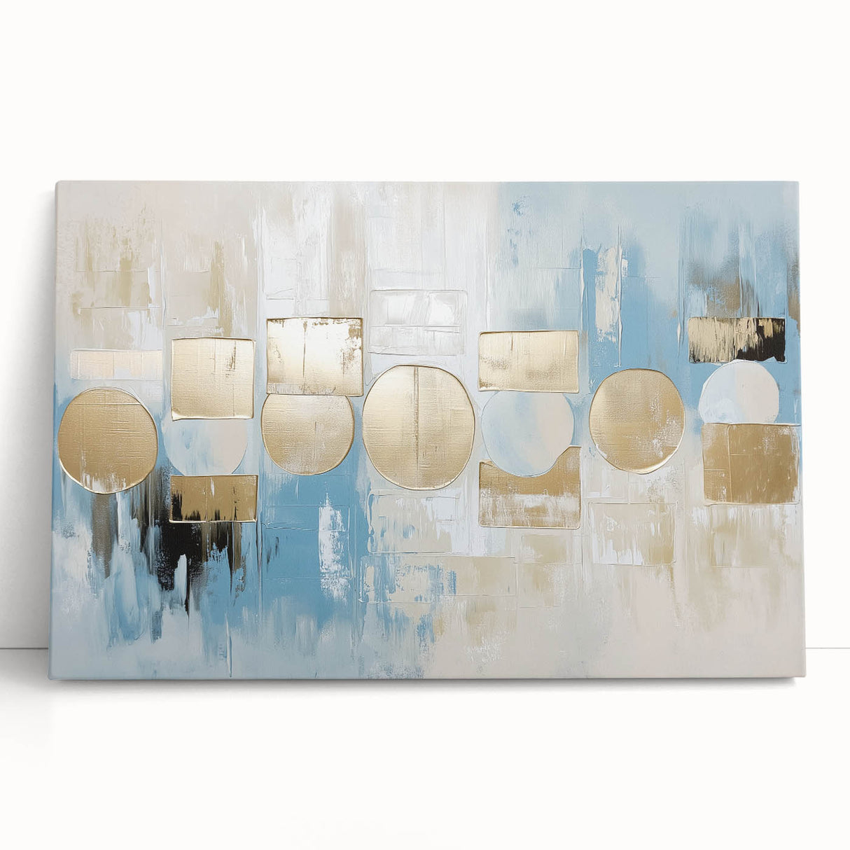 Abstract geometric canvas art featuring vibrant colors and bold shapes, ideal for modern home decor. This stretched canvas piece leans against a neutral wall, adding a contemporary touch to any interior space.