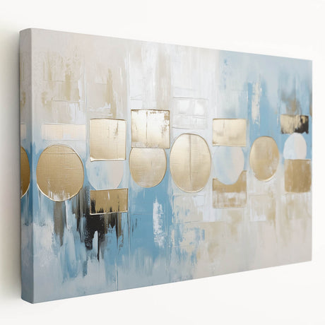 Abstract geometric design canvas artwork showcasing vibrant colors and dynamic shapes, displayed in a side view to highlight its stretched edges and modern aesthetic, perfect for contemporary home decor.