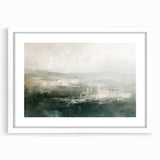 Abstract landscape wall art framed with a white mat, showcasing a blend of soft colors and organic shapes, perfect for modern home decor. Ideal for enhancing living spaces.