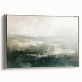 Framed abstract landscape wall art in silver, showcasing soft hues of blue and gray. Ideal for modern home decor, adding elegance and a calming atmosphere.