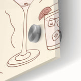 Large abstract wall art featuring mid-century modernist food and drink motifs in vibrant colors on acrylic glass.