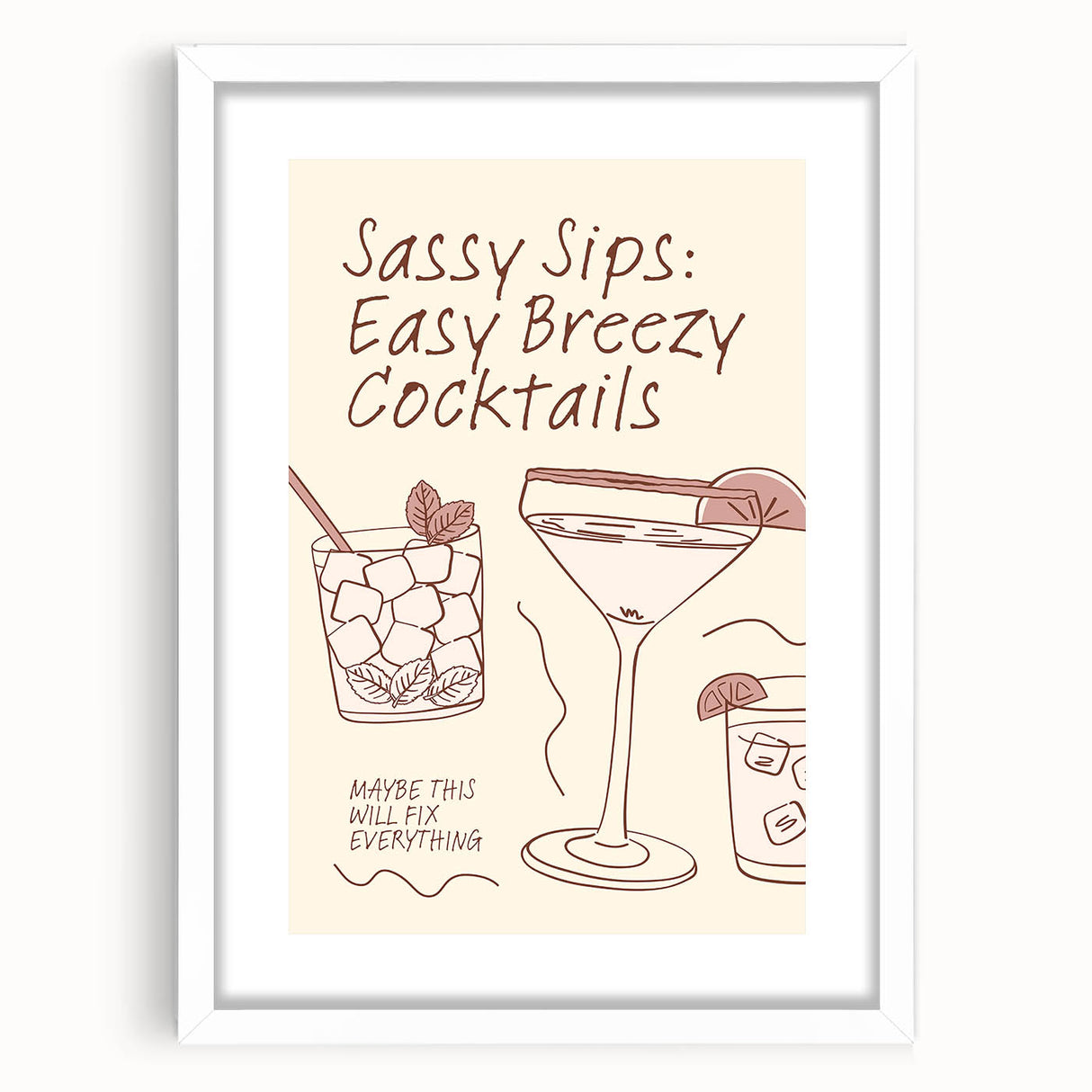 Abstract art print depicting colorful fruits and beverages on a white framed poster, suitable for dining room decor.