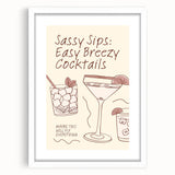 Abstract art print depicting colorful fruits and beverages on a white framed poster, suitable for dining room decor.