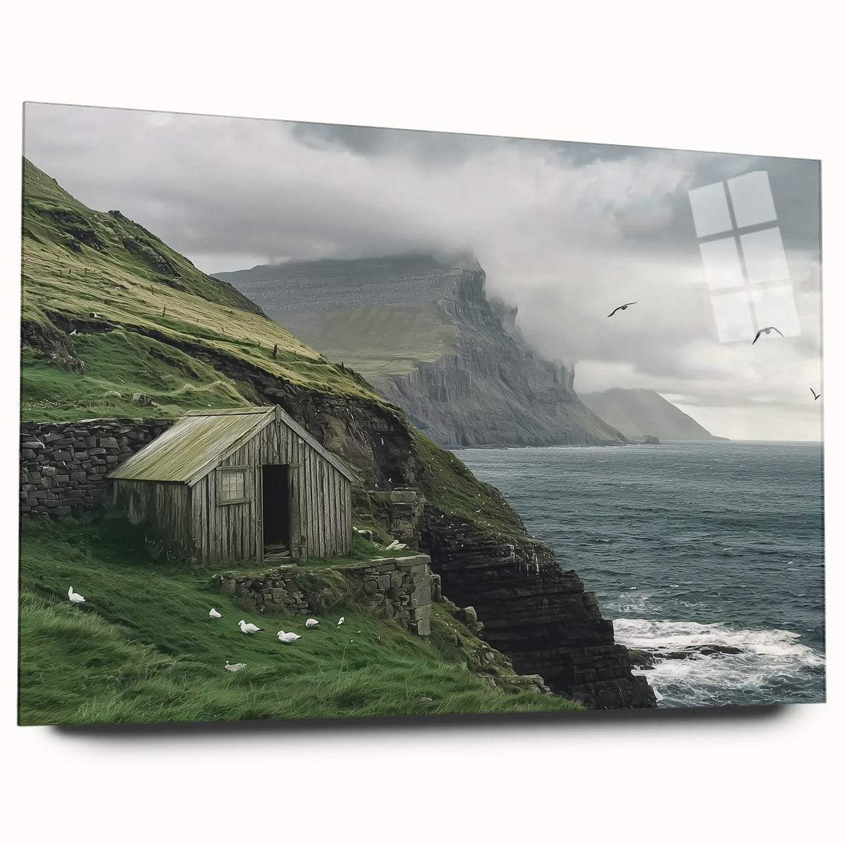 Acrylic glass print showcasing a landscape barn scene, featuring vibrant colors and intricate details, designed without pins for a sleek, modern display.