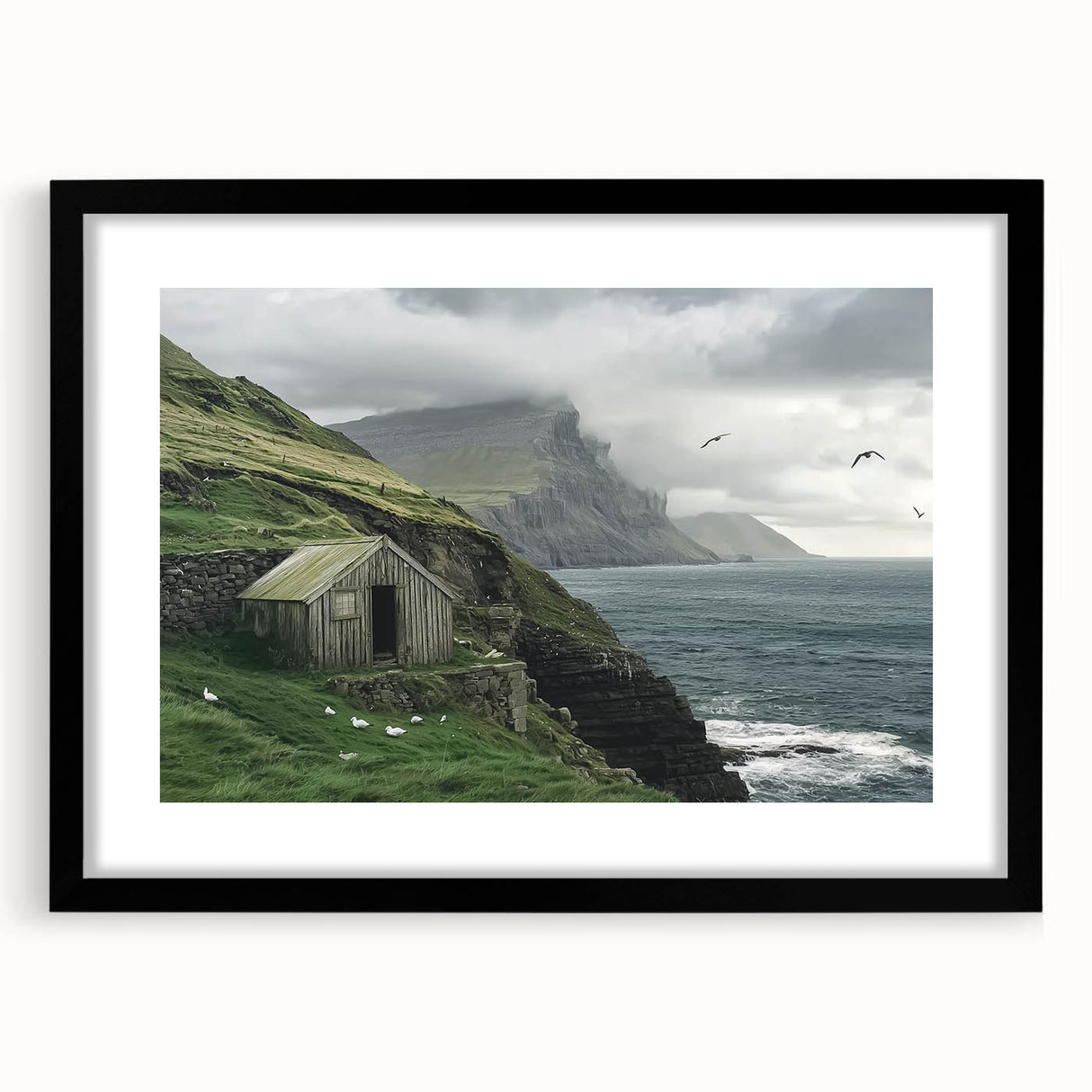 Black barn frame showcasing a landscape artwork, featuring a sleek mat design and sharp angles, ideal for modern home decor. Perfect for enhancing interior aesthetics.