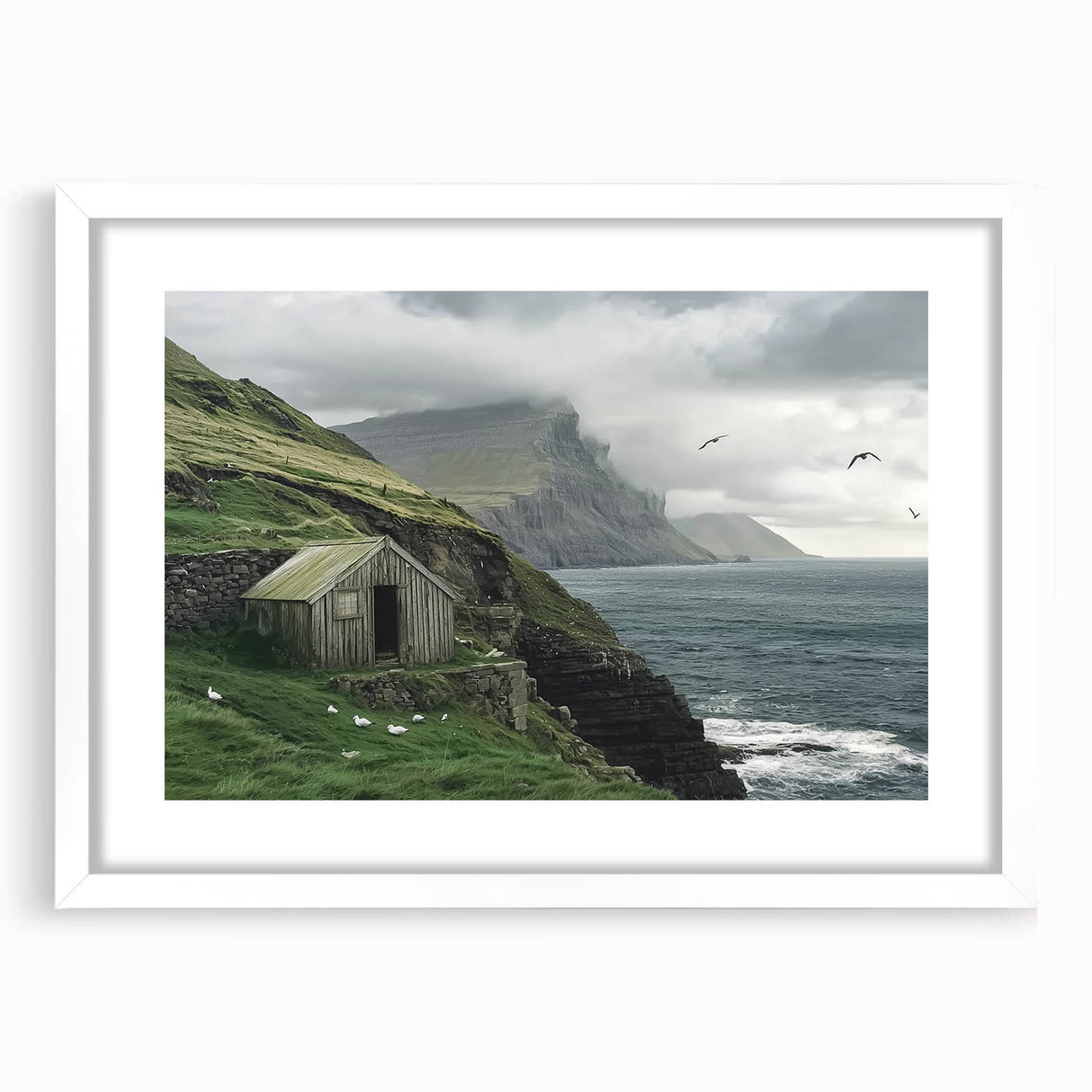 Landscape barn frame with a white mat, showcasing a rustic design perfect for farmhouse decor. The frame's natural wood finish complements the artwork beautifully, enhancing any room's aesthetic.