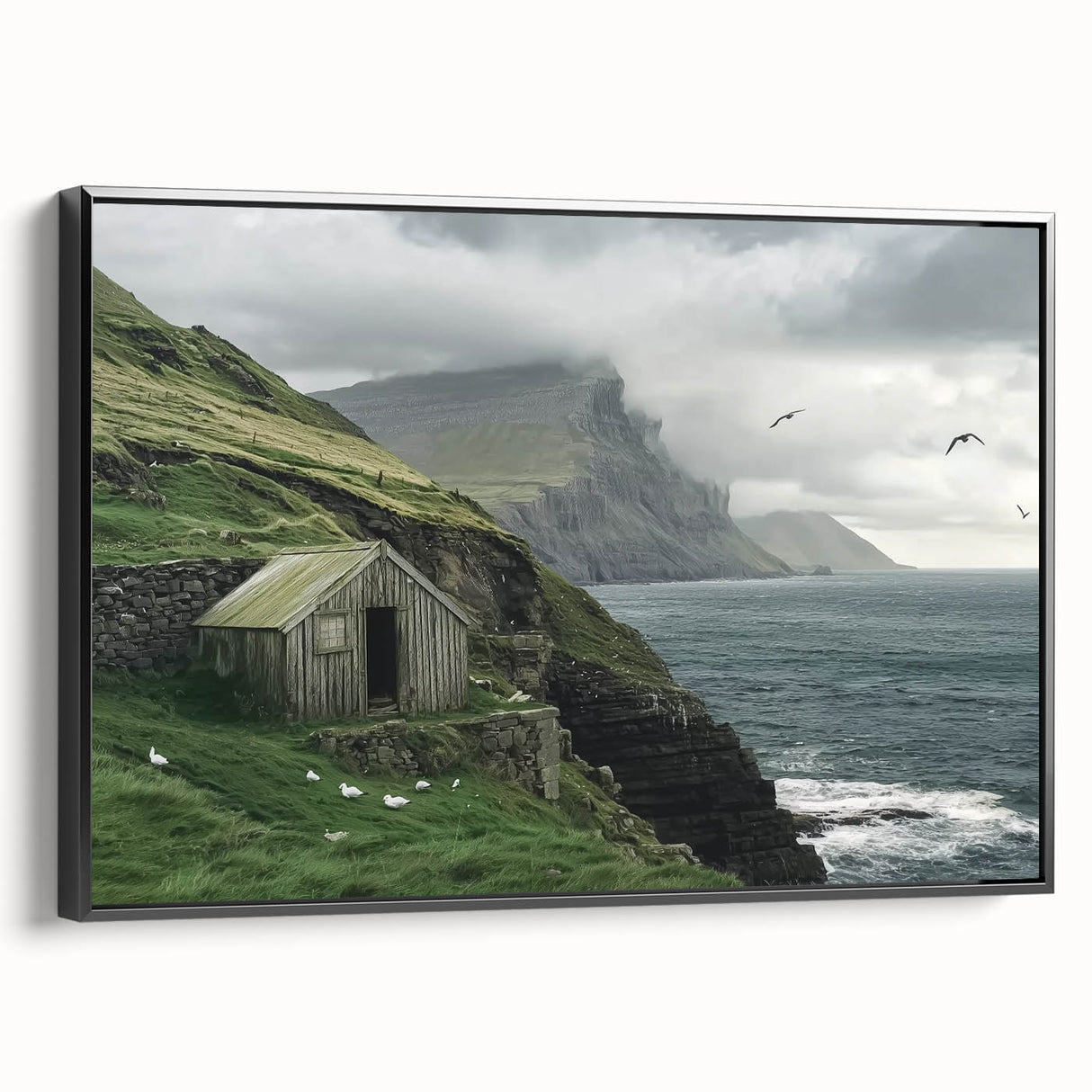 Landscape barn-themed canvas print featuring a black frame, showcasing a rustic scene with vibrant colors and intricate details. Ideal for enhancing home decor with a touch of nature.