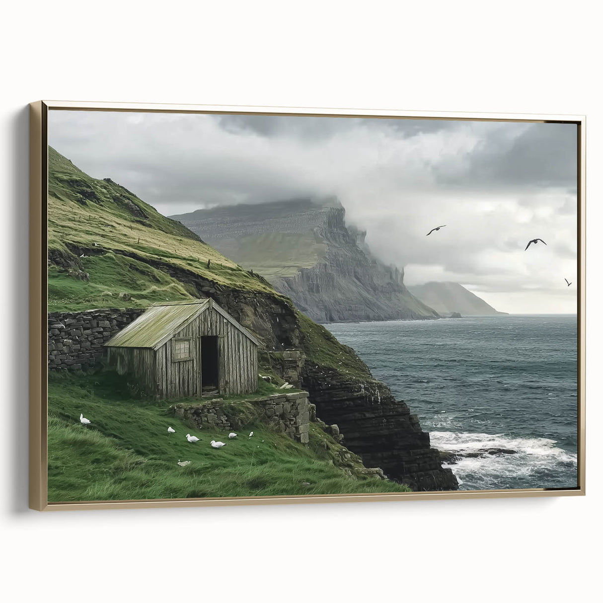 Landscape barn-themed canvas art in a gold frame, showcasing rustic charm with warm tones and intricate detailing, ideal for home decor enthusiasts.