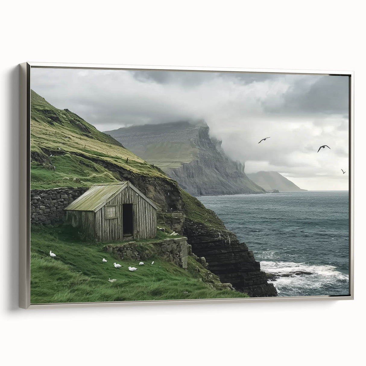Landscape barn-themed canvas artwork framed with a sleek silver border, showcasing vibrant colors and intricate details, perfect for home decor enthusiasts.
