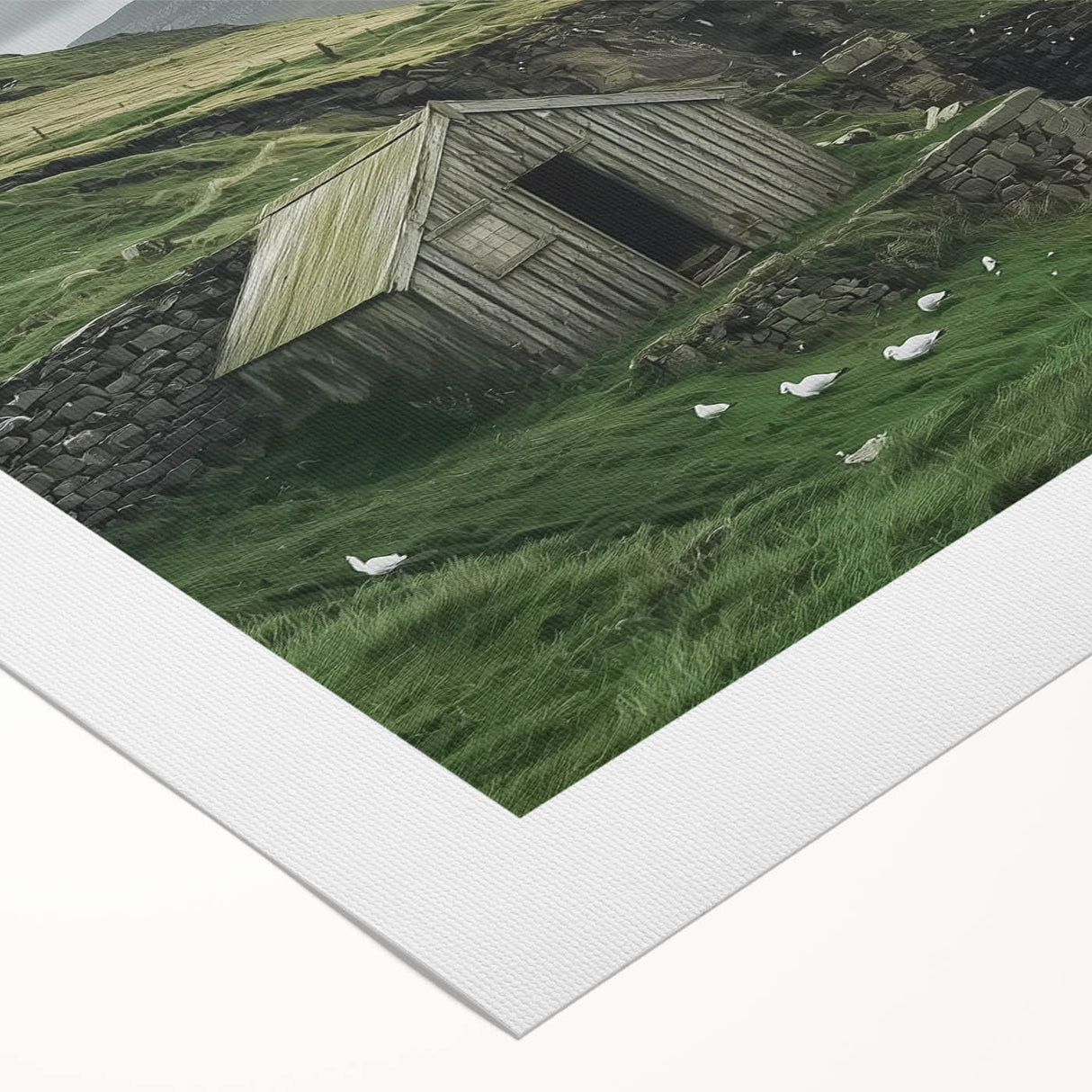Rolled canvas artwork showcasing a serene landscape of a rustic barn surrounded by lush greenery, wrapped securely in a durable cardboard tube for safe delivery. Ideal for home décor enthusiasts seeking nature-inspired wall art.