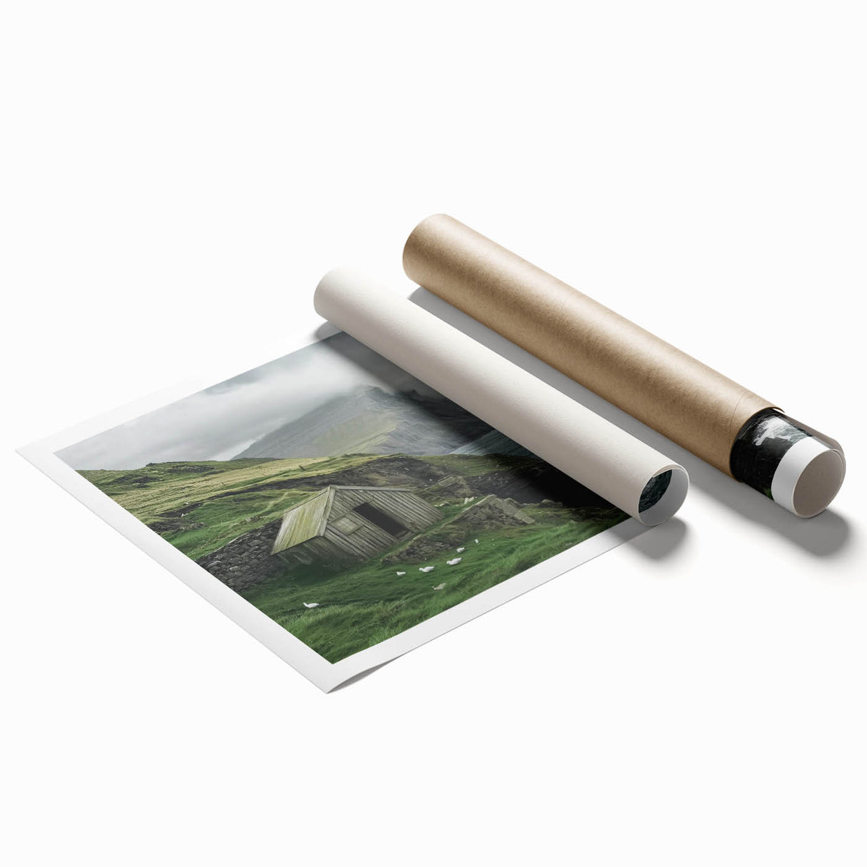 Landscape barn print on rolled canvas showcasing vibrant colors and intricate details, elegantly packaged in a protective cardboard tube for safe delivery.
