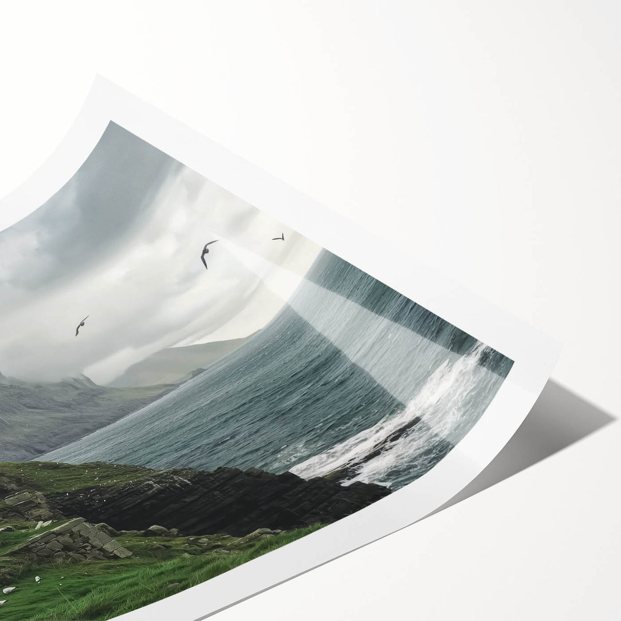 Landscape print of a rustic barn surrounded by vibrant green fields and blue skies, elegantly rolled for delivery, showcasing natural beauty and charm.